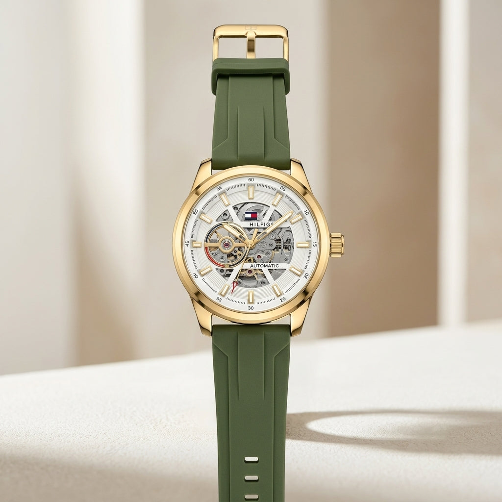 Men’s Green Silicone Strap Automatic Skeleton Watch – Gold Tone Case