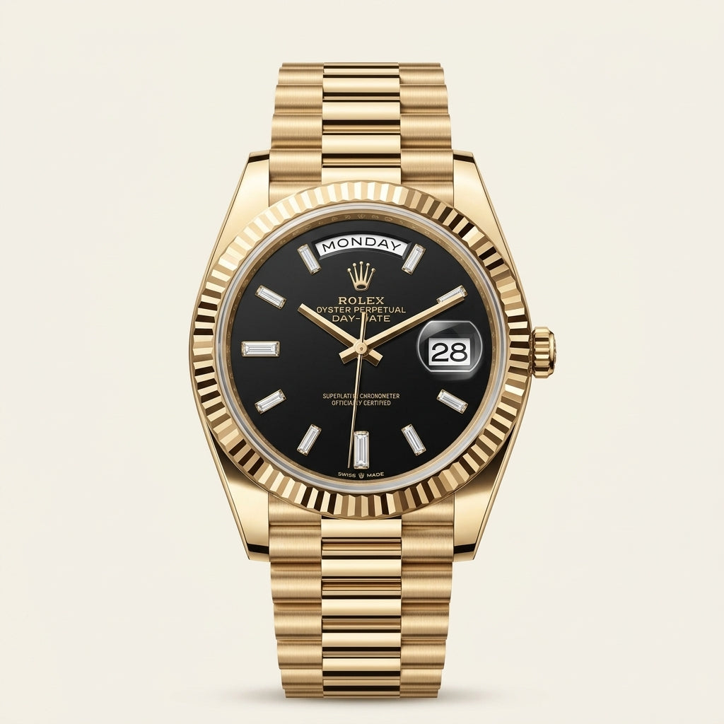 Luxury Gold Tone Day-Date Style Men’s Watch with Black Dial