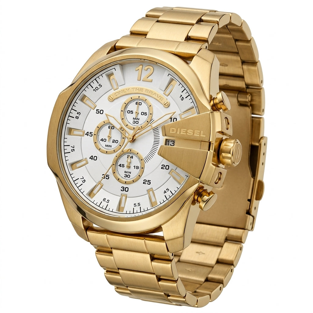 Men's Gold Chronograph Analog Watch with Stainless Steel Strap