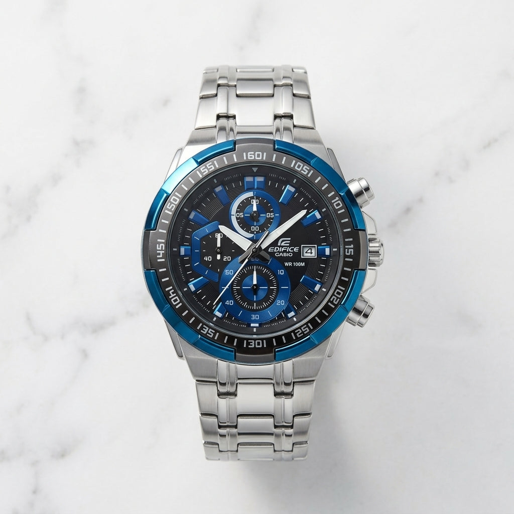 Men's Stainless Steel Chronograph Watch with Blue Dial & Metal Strap