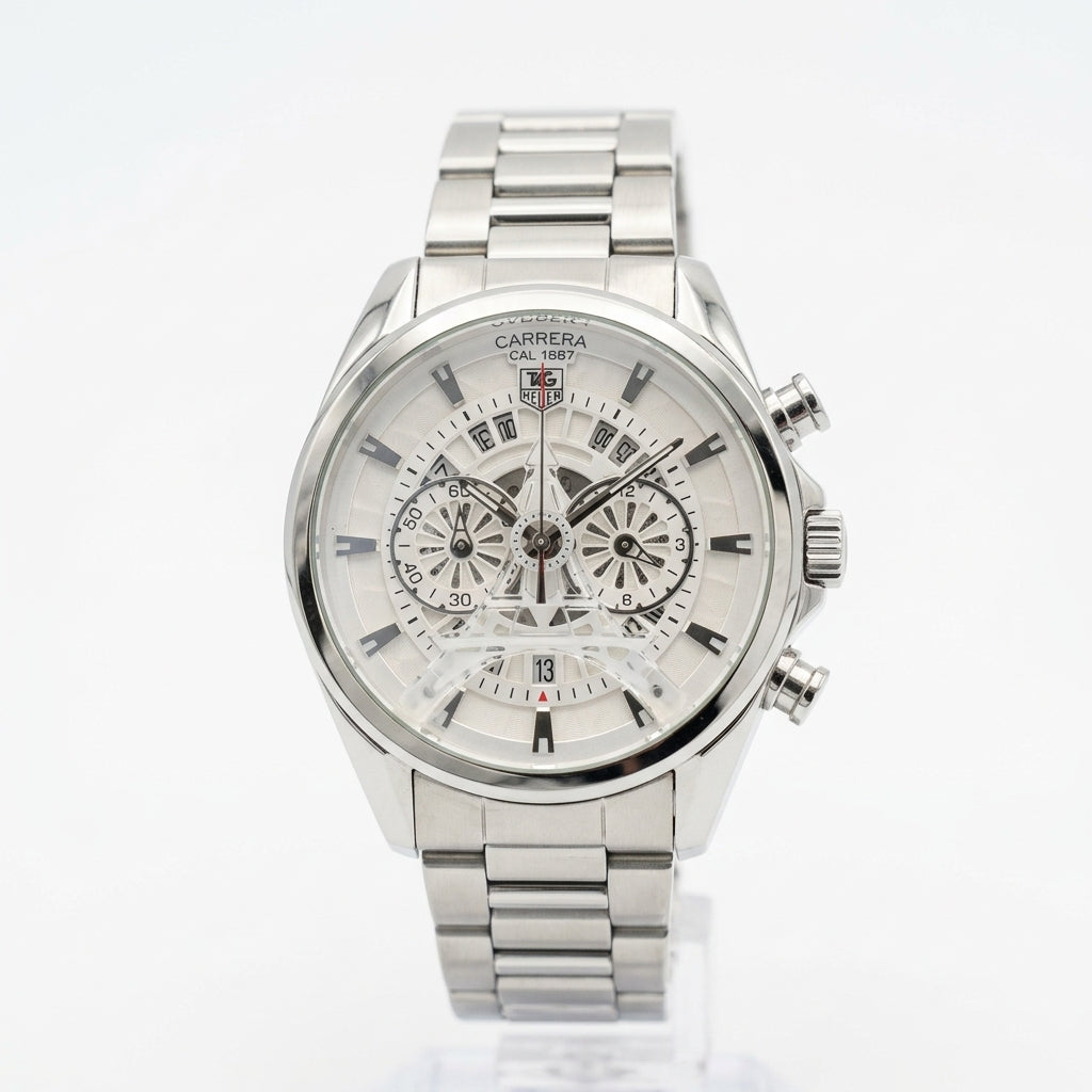 Men’s Silver Stainless Steel Chronograph Watch – Skeleton Dial