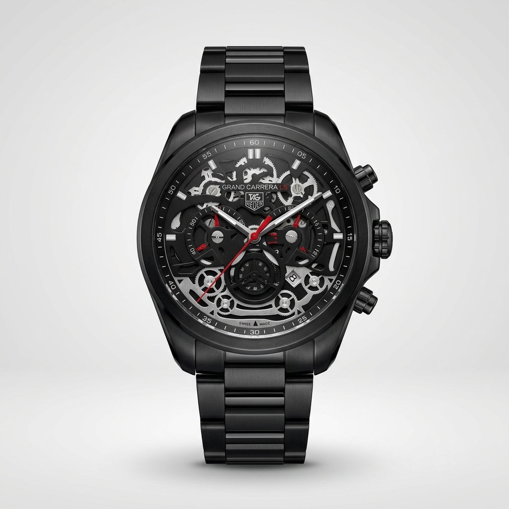 Men's Black Skeleton Chronograph Analog Watch with Stainless Steel Strap