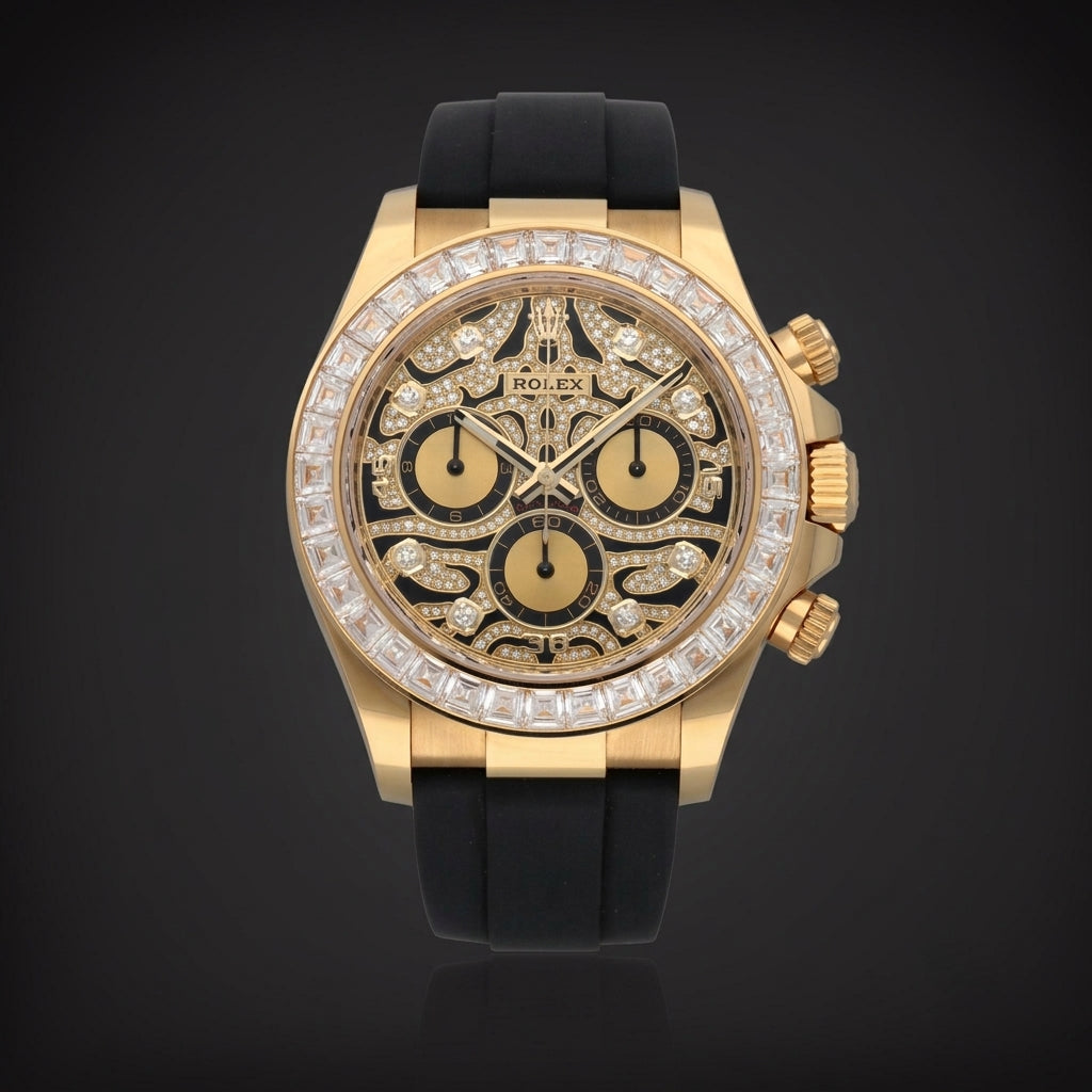 Luxury Gold Chronograph Watch with Black Rubber Strap & Diamond-Style Dial