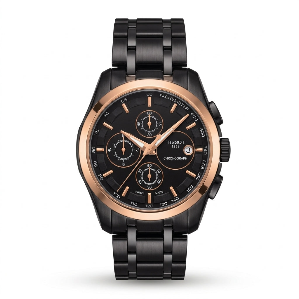 Tissot Chronograph Watch for Men – Black Stainless Steel Rose Gold Tone Tachymeter Dial