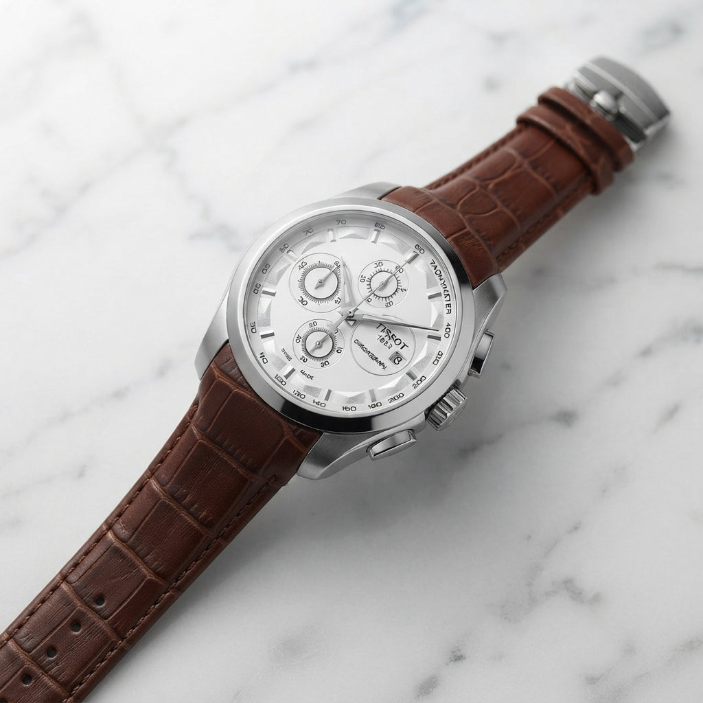 Men’s Chronograph Watch with Brown Leather Strap & Silver Case