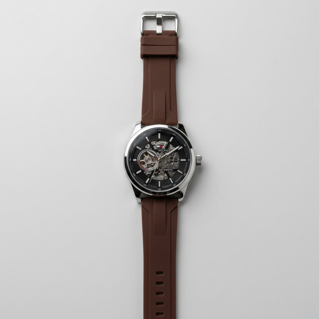 Tommy Hilfiger Men’s Automatic Skeleton Watch – Brown Silicone Strap
