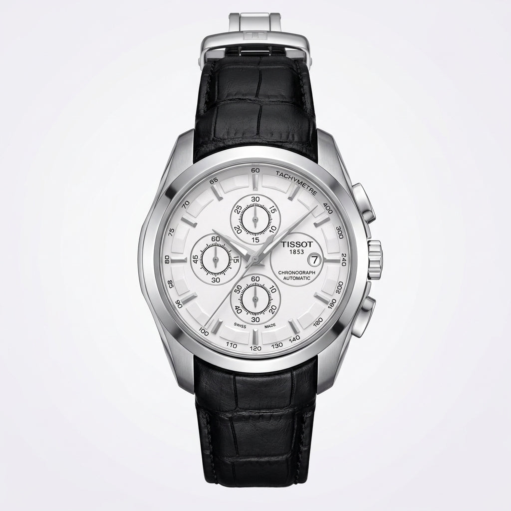 Men’s Swiss Automatic Chronograph Watch with Black Leather Strap