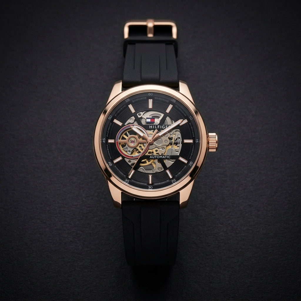 Tommy Hilfiger Men’s Automatic Skeleton Watch with Black Strap