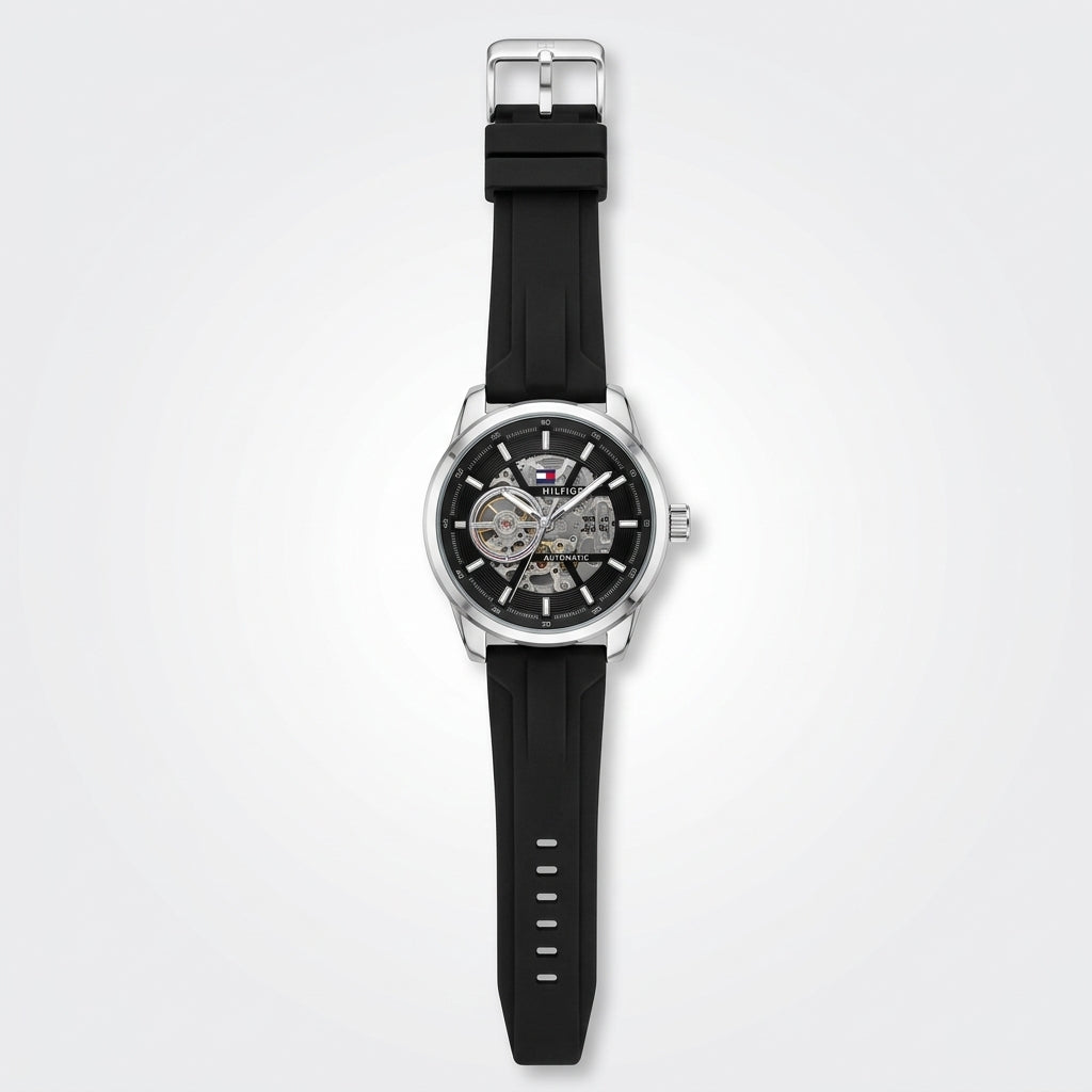 Tommy Hilfiger Automatic Skeleton Watch for Men – Black Silicone Strap