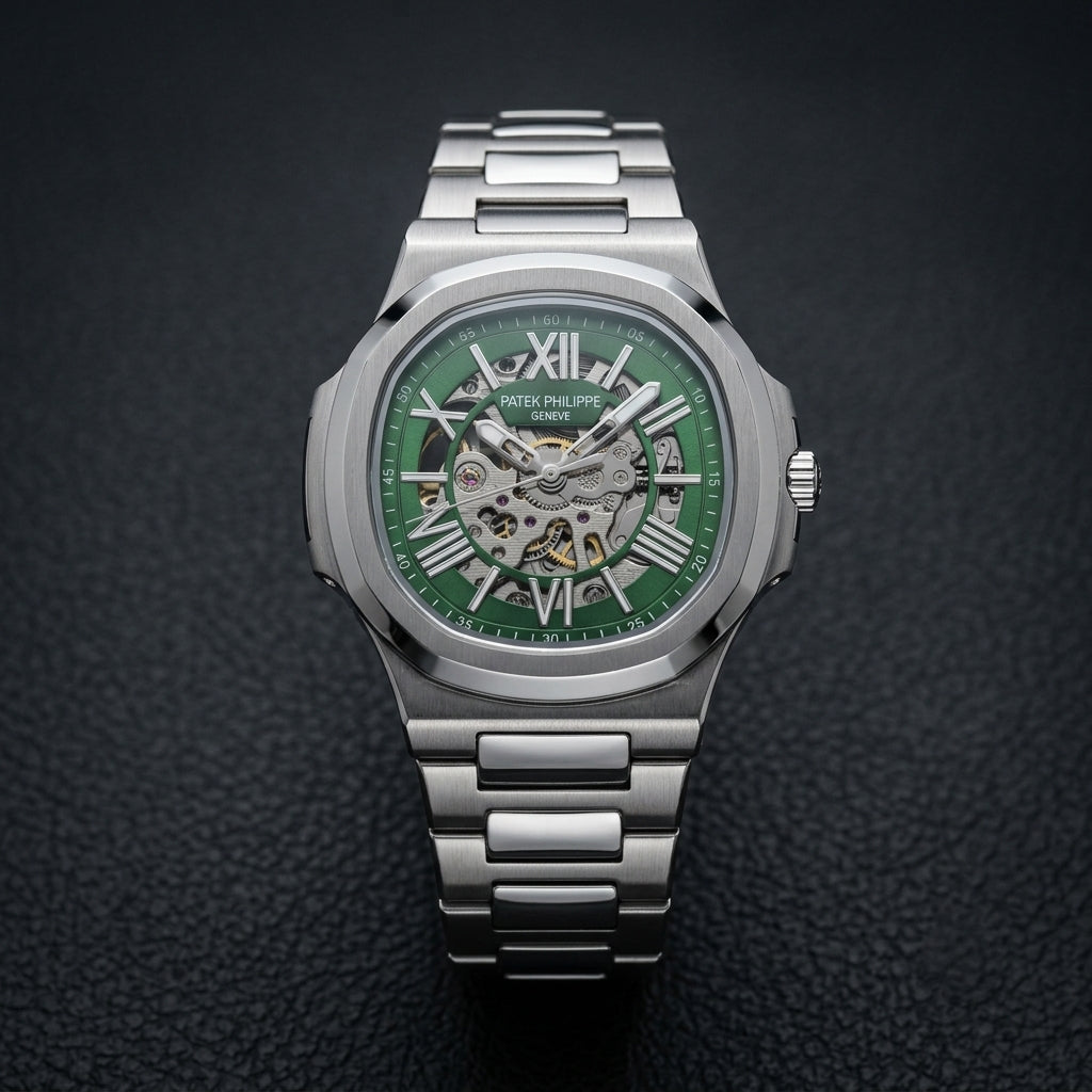 Men's Green Automatic Mechanical Skeleton Watch Stainless Steel Luxury Analog Wrist Watch
