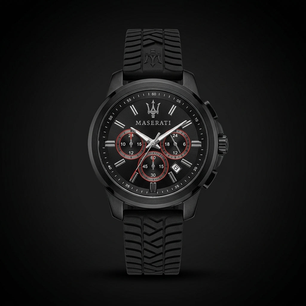Maserati Men’s Black Analog Chronograph Watch with Silicone Strap