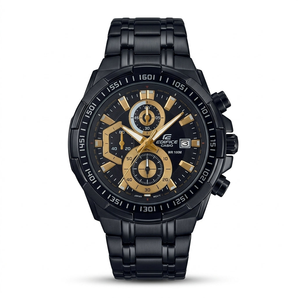 Men's Black Gold Chronograph Analog Watch with Stainless Steel Bracelet
