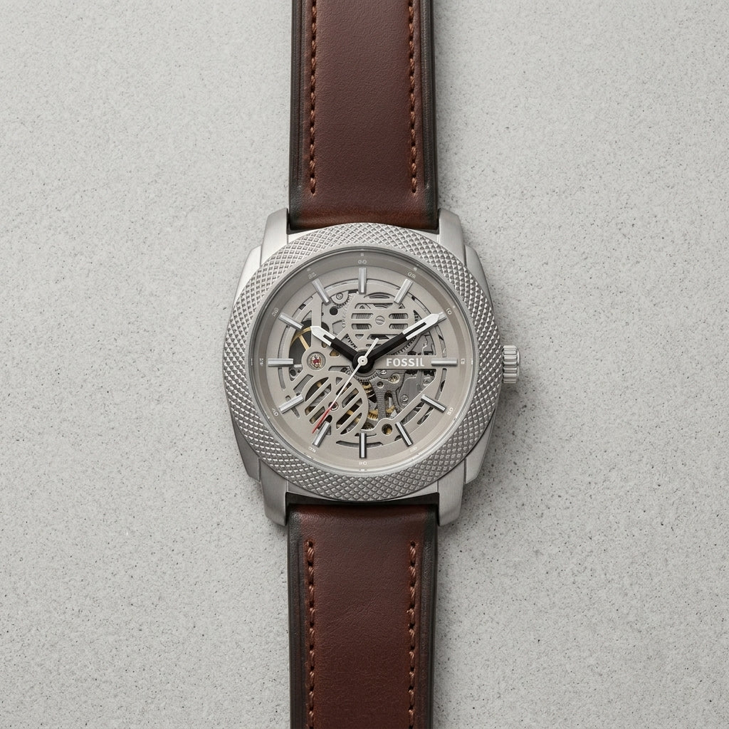 Men's Automatic Skeleton Analog Watch with Brown Leather Strap