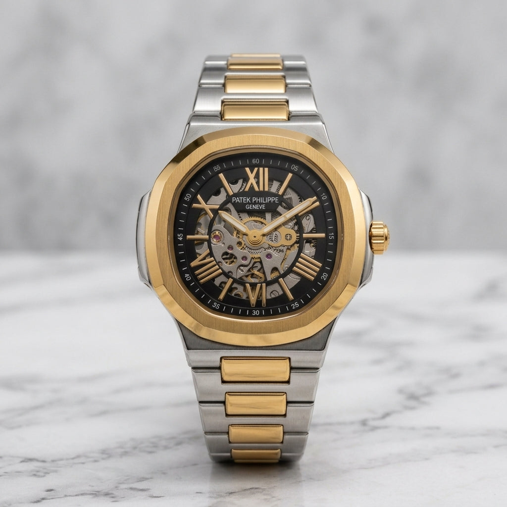 Luxury Men's Automatic Skeleton Watch | Stainless Steel Two-Tone Analog Wrist Watch