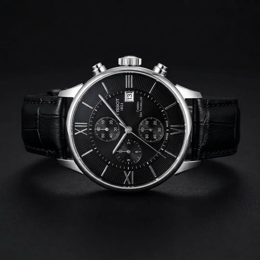 Men's Black Chronograph Leather Strap Watch