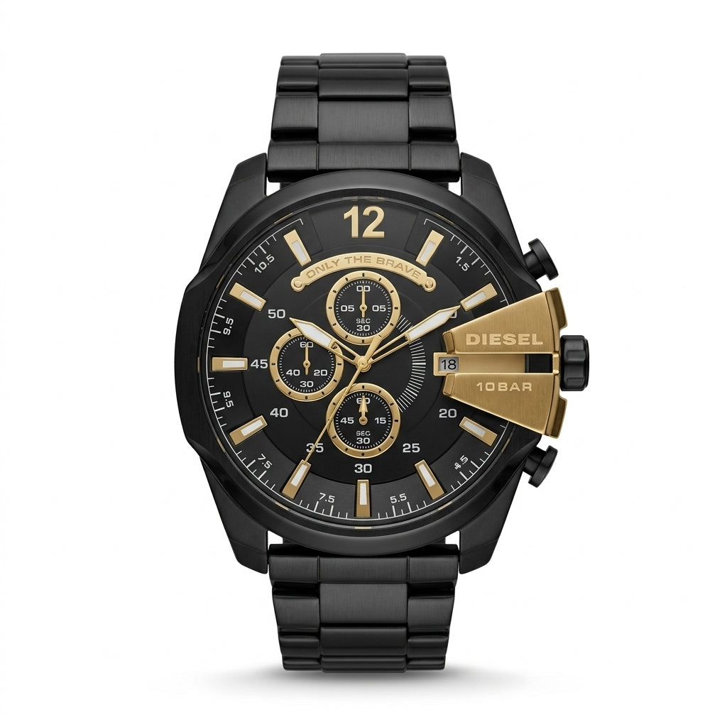 Men's Black Chronograph Analog Watch with Gold Accents | Metal Strap