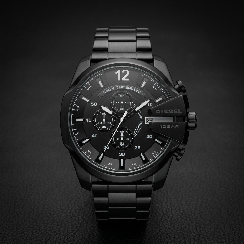 Men's Black Chronograph Analog Watch with Stainless Steel Bracelet & Date Display