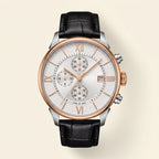 Men's Luxury Chronograph Watch with Black Leather Strap – Rose Gold & Silver Dial