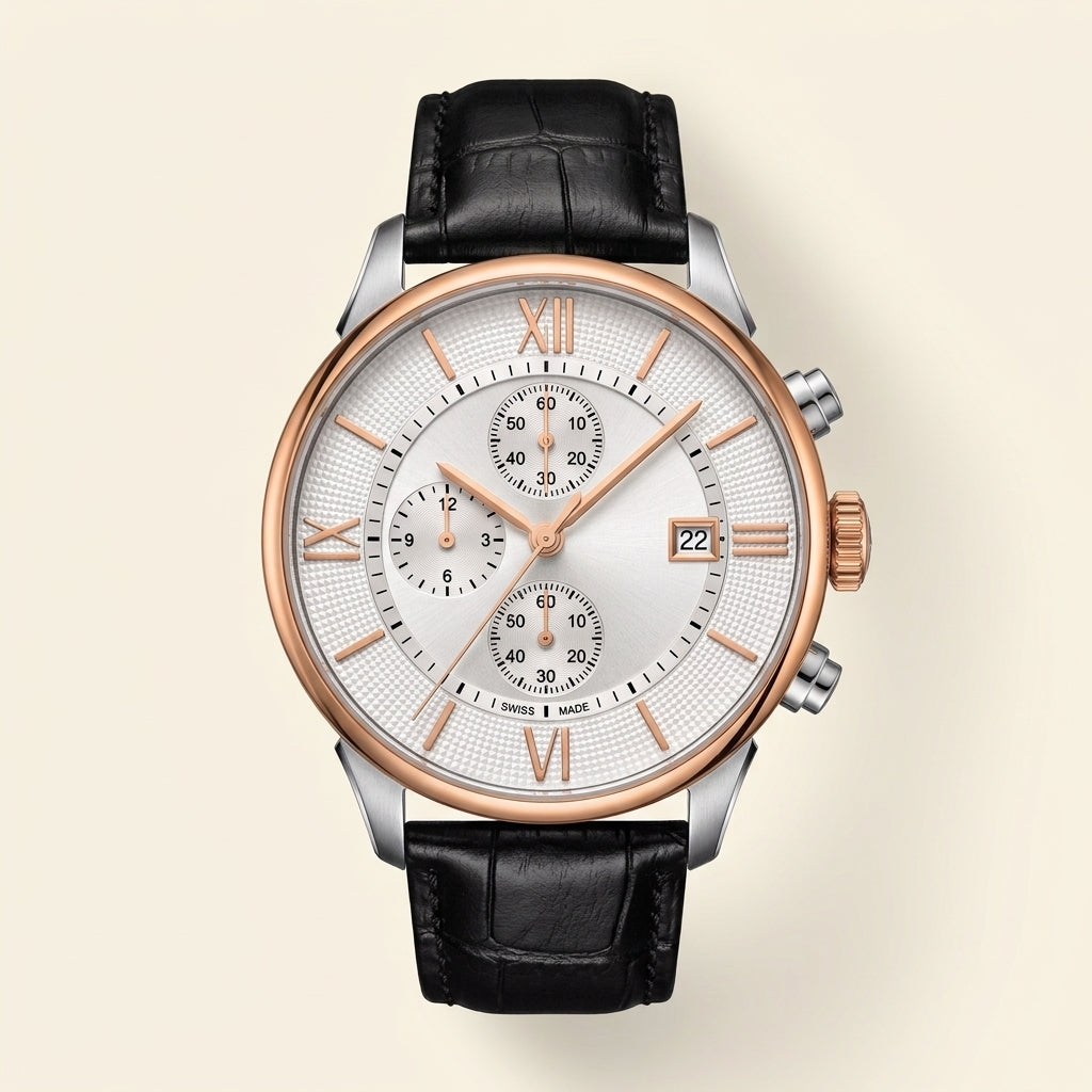 Men's Luxury Chronograph Watch with Black Leather Strap – Rose Gold & Silver Dial