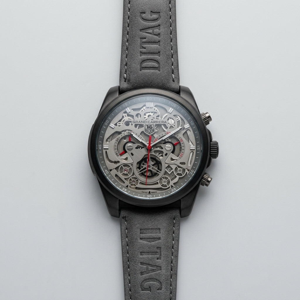 Men's Luxury Skeleton Automatic Style Chronograph Watch with Leather Strap