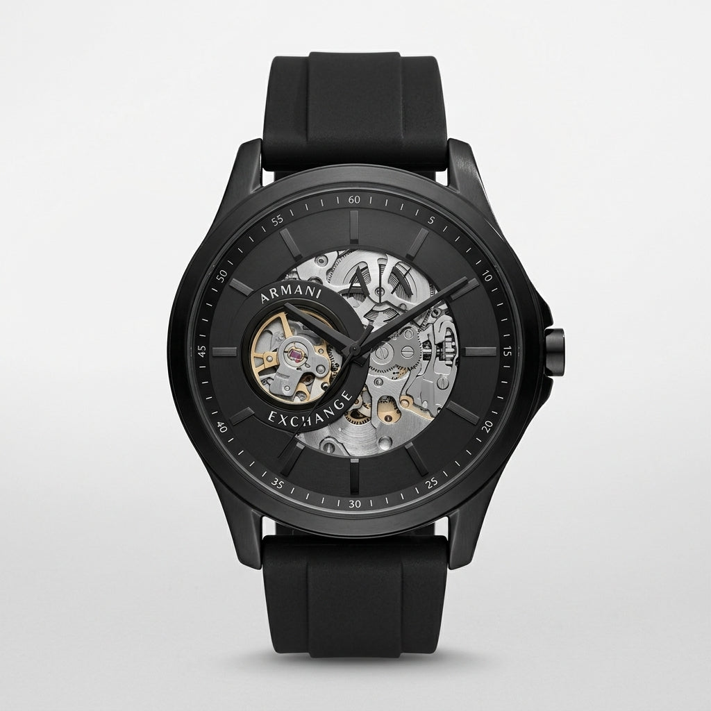 Armani Exchange Inspired Black Skeleton Analog Watch for Men