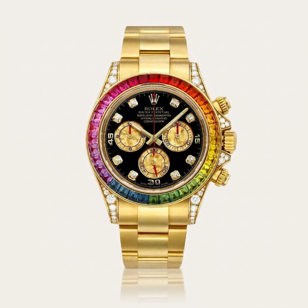 Luxury Gold-Tone Chronograph Watch with Rainbow Bezel & Black Dial
