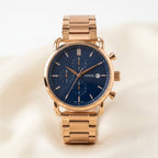 Fossil Blue Dial Rose Gold Chronograph Stainless Steel Watch for Men