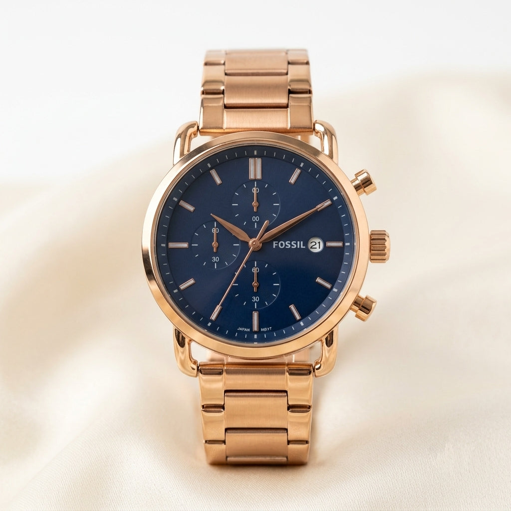 Fossil Blue Dial Rose Gold Chronograph Stainless Steel Watch for Men