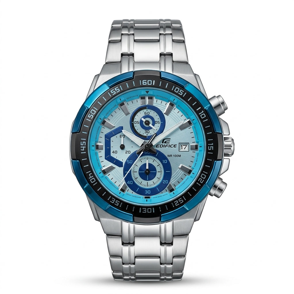 Men's Stainless Steel Chronograph Watch with Blue Dial & Silver Bracelet