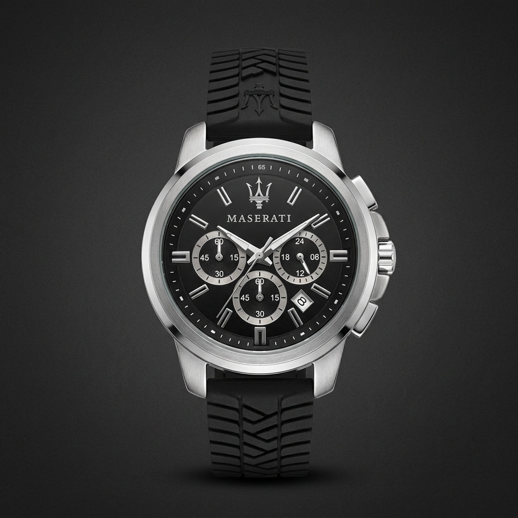 Maserati Men's Analog Chronograph Black Dial Watch with Black Strap