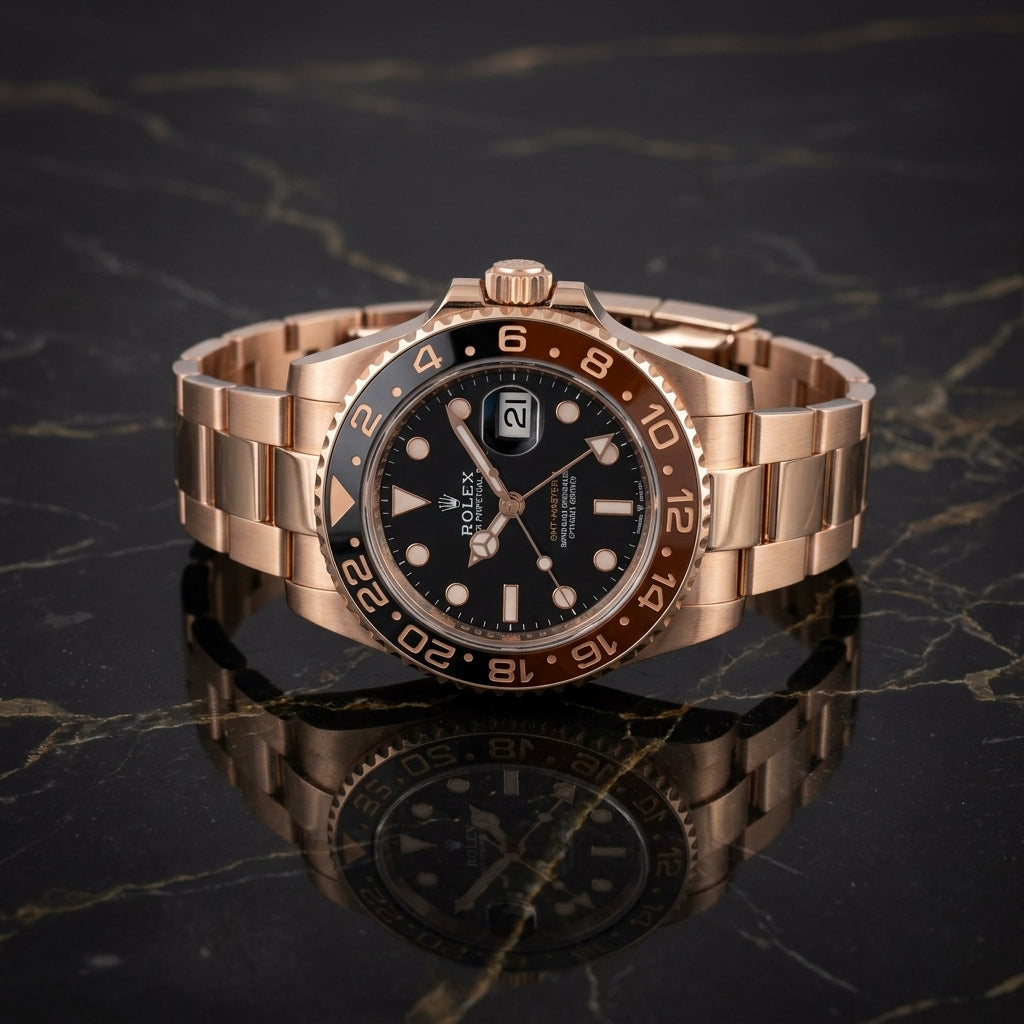 Rose Gold Luxury GMT-Style Men's Watch with Black Dial