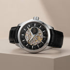 Men's Luxury Skeleton Automatic Mechanical Watch with Black Leather Strap