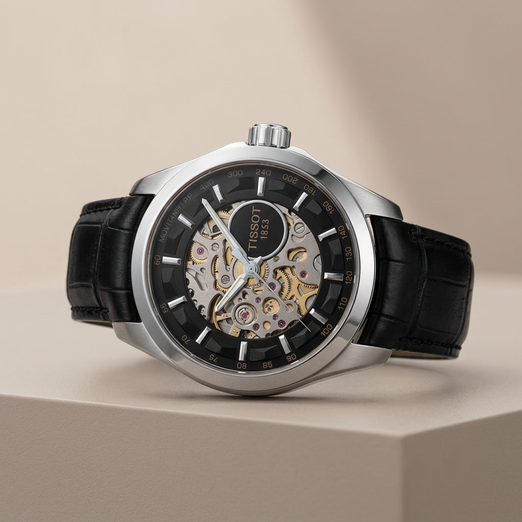 Men's Luxury Skeleton Automatic Mechanical Watch with Black Leather Strap