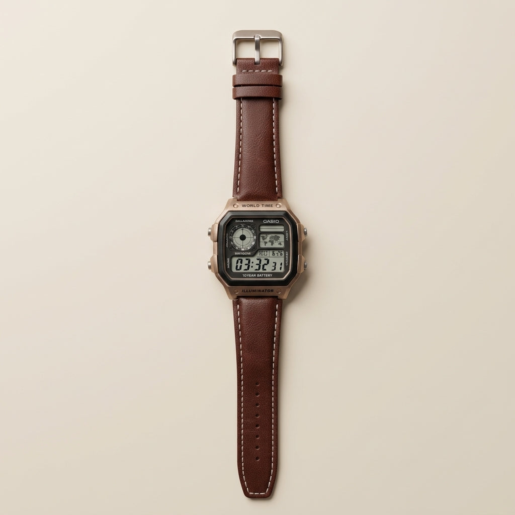 Vintage Digital Watch with Genuine Leather Strap – Retro Casual Wristwatch