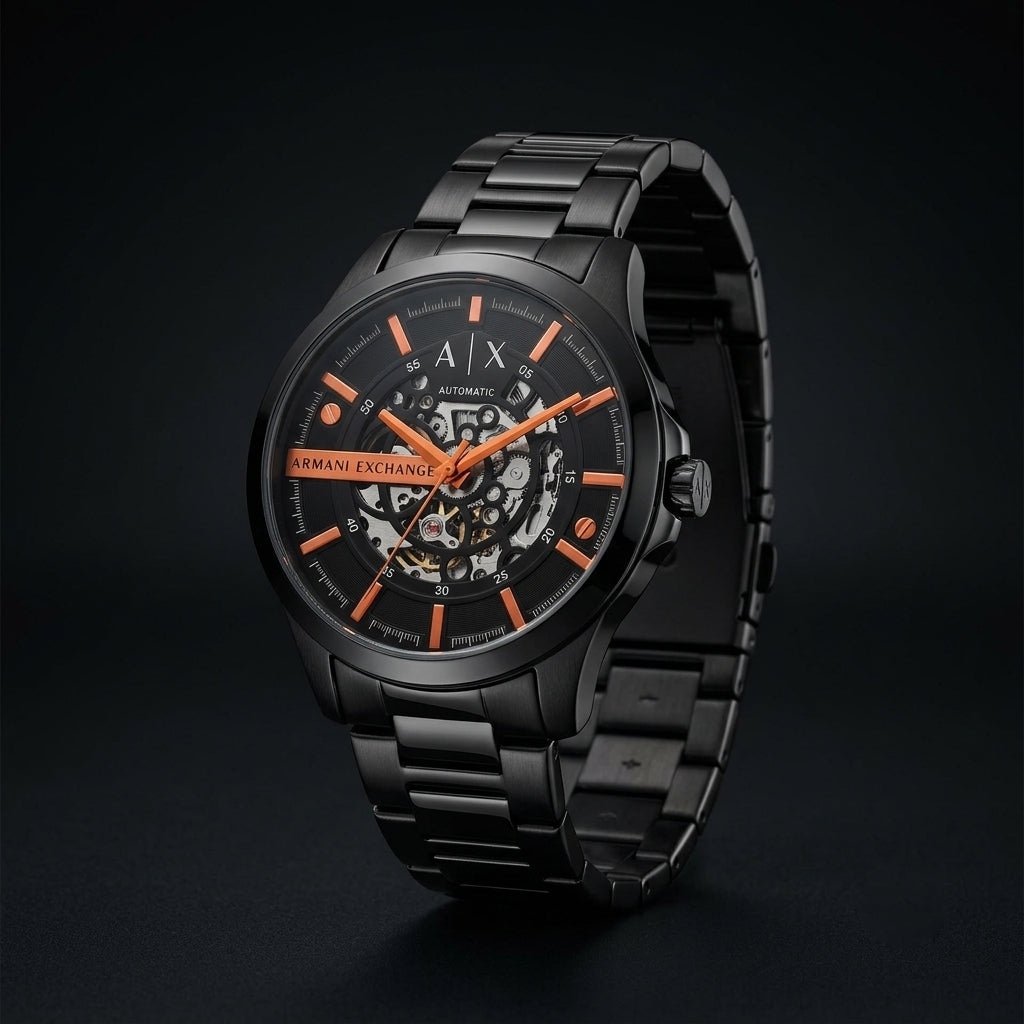 Armani Exchange Men’s Black Automatic Skeleton Analog Watch with Stainless Steel Bracelet