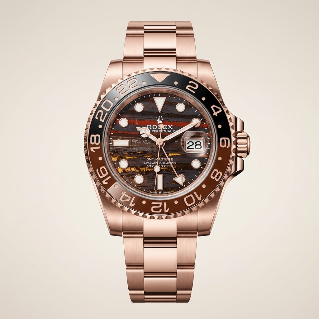 Luxury Rose Gold GMT Style Watch with Wood Pattern Dial