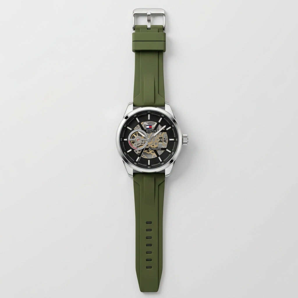 Tommy Hilfiger Men’s Automatic Skeleton Watch with Green Silicone Strap