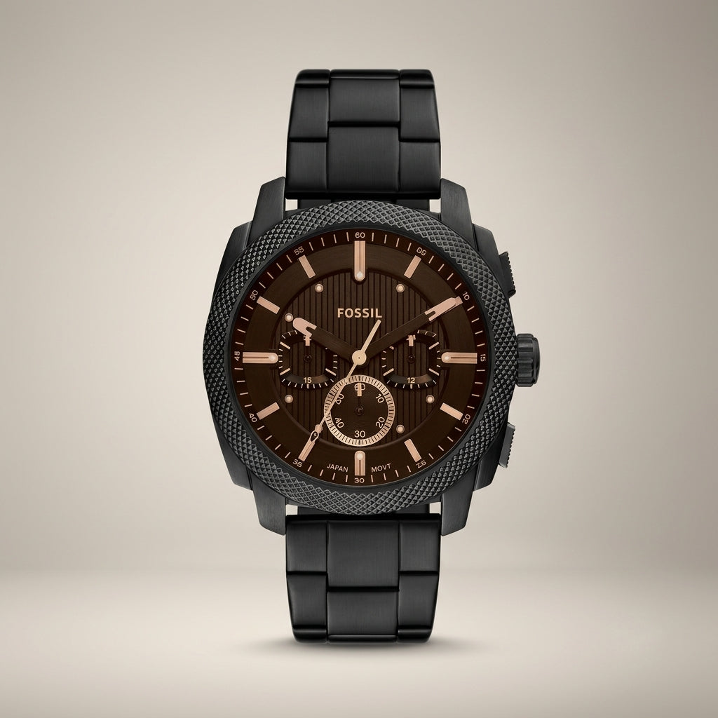 Men's Analog Chronograph Black Stainless Steel Watch with Brown Dial
