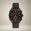 Men's Analog Chronograph Black Stainless Steel Watch with Brown Dial
