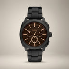 Men's Analog Chronograph Black Stainless Steel Watch with Brown Dial