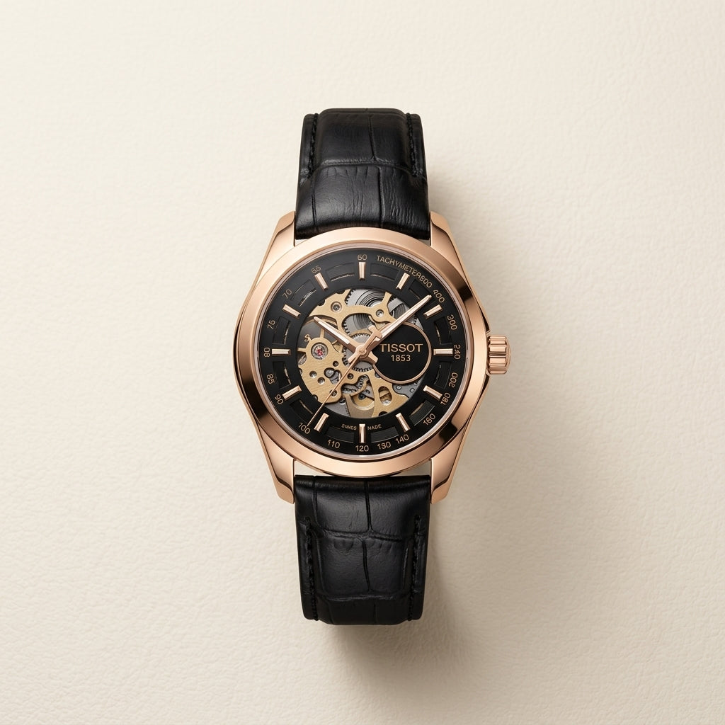 Luxury Skeleton Dial Analog Watch for Men with Black Leather Strap