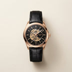 Luxury Skeleton Dial Analog Watch for Men with Black Leather Strap