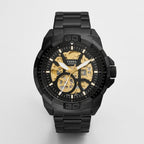 Black Automatic Skeleton Watch for Men – Gold Dial Stainless Steel Bracelet