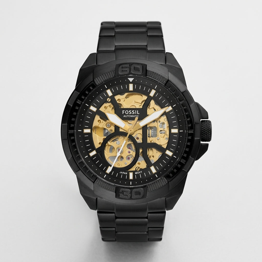 Black Automatic Skeleton Watch for Men – Gold Dial Stainless Steel Bracelet