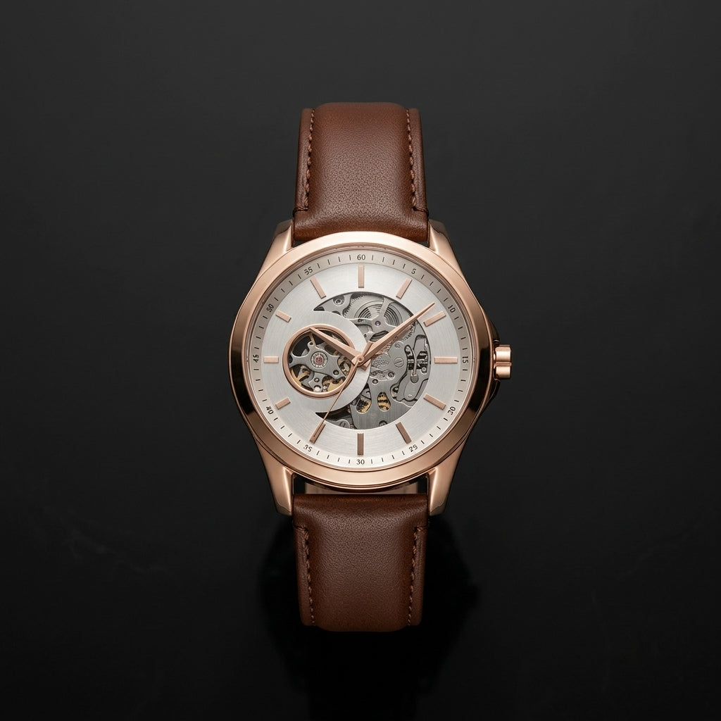 Luxury Men’s Automatic Mechanical Analog Watch with Brown Leather Strap