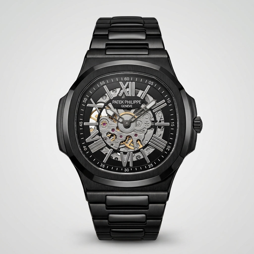 Men's Black Skeleton Automatic Mechanical Watch with Stainless Steel Strap