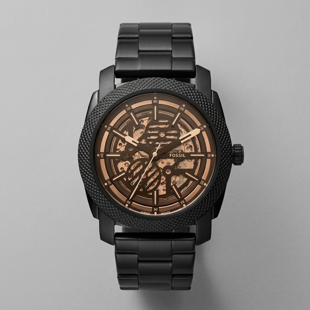 Fossil Black Stainless Steel Skeleton Automatic Watch for Men